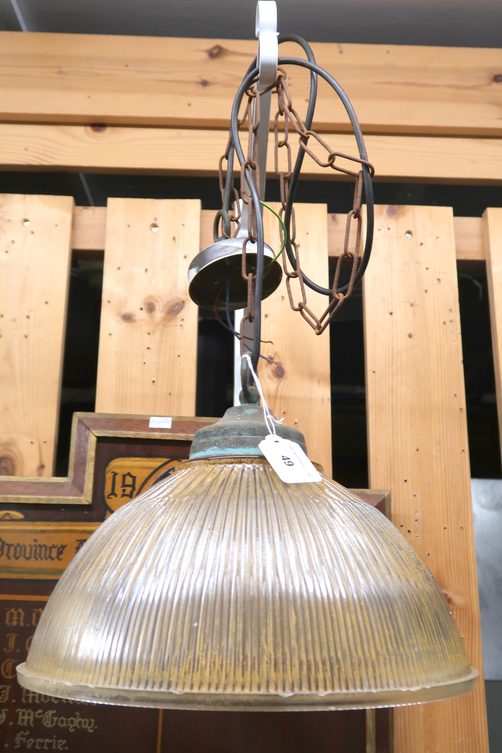 A pair of 20th century ribbed domed glass ceiling light pendants, 30cm wide (2) Condition Report: - Image 3 of 4