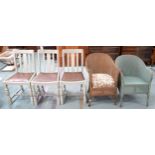 A lot of two assorted Lloyd loom bedroom chairs and three 20th century painted dining chairs (5)
