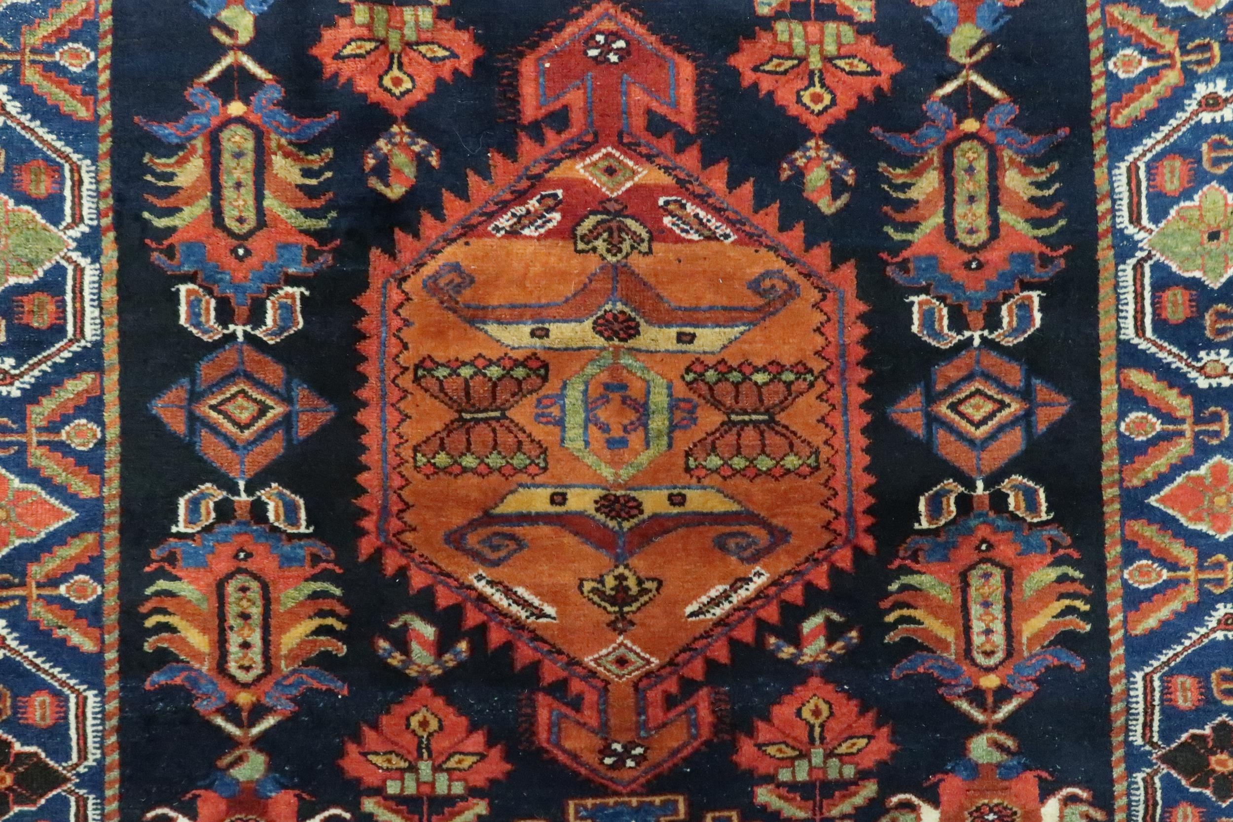 A dark blue ground Hamadan rug with terracotta geometric central medallion, matching spandrels and - Image 3 of 7