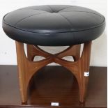 A mid 20th century teak G Plan Fresco stool with black vinyl upholstered seat, 44cm high x 53cm