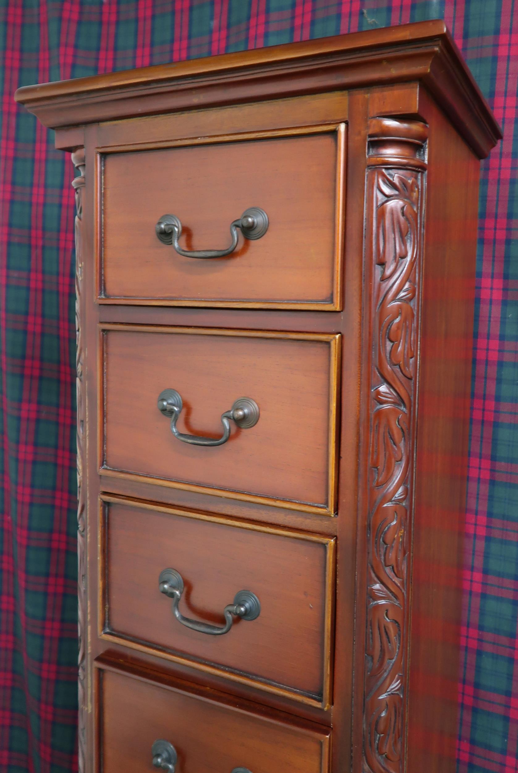 A 20th century mahogany tall boy chest with six drawers flanked by carved reliefs on ball and claw - Image 2 of 5