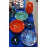 A collection of Strathearn glass items including a ornage glass vase and dish, a swwirling blue