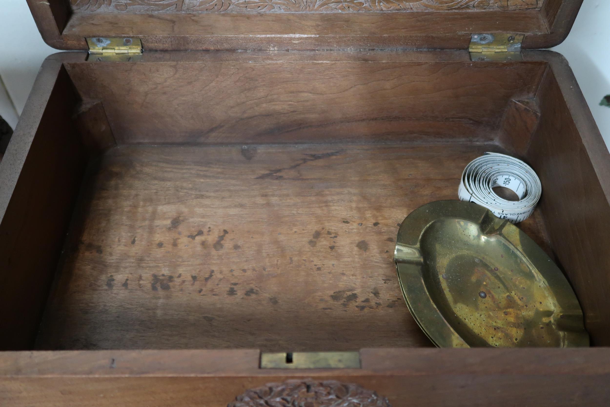 A lot comprising 20th century carved hardwood sewing box, coffee table and square top occasional - Image 6 of 6