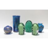 Three Victorian glass dumps, a silver overlaid glass vase, an Isle of Wight glass vase and another