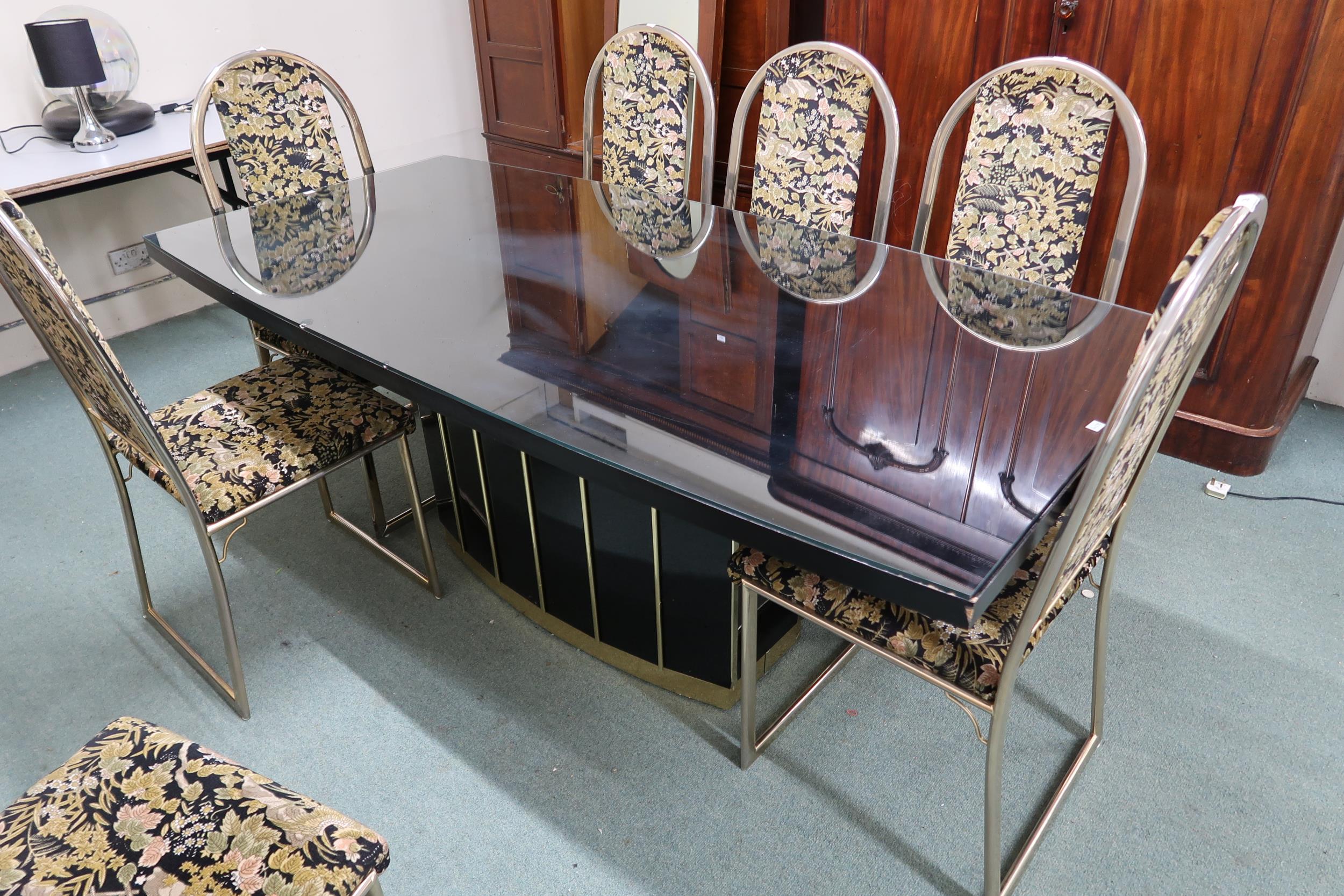 A late 20th century black lacquer and gilt brass Bellagio style dining table, 74cm high x 185cm long - Image 6 of 7