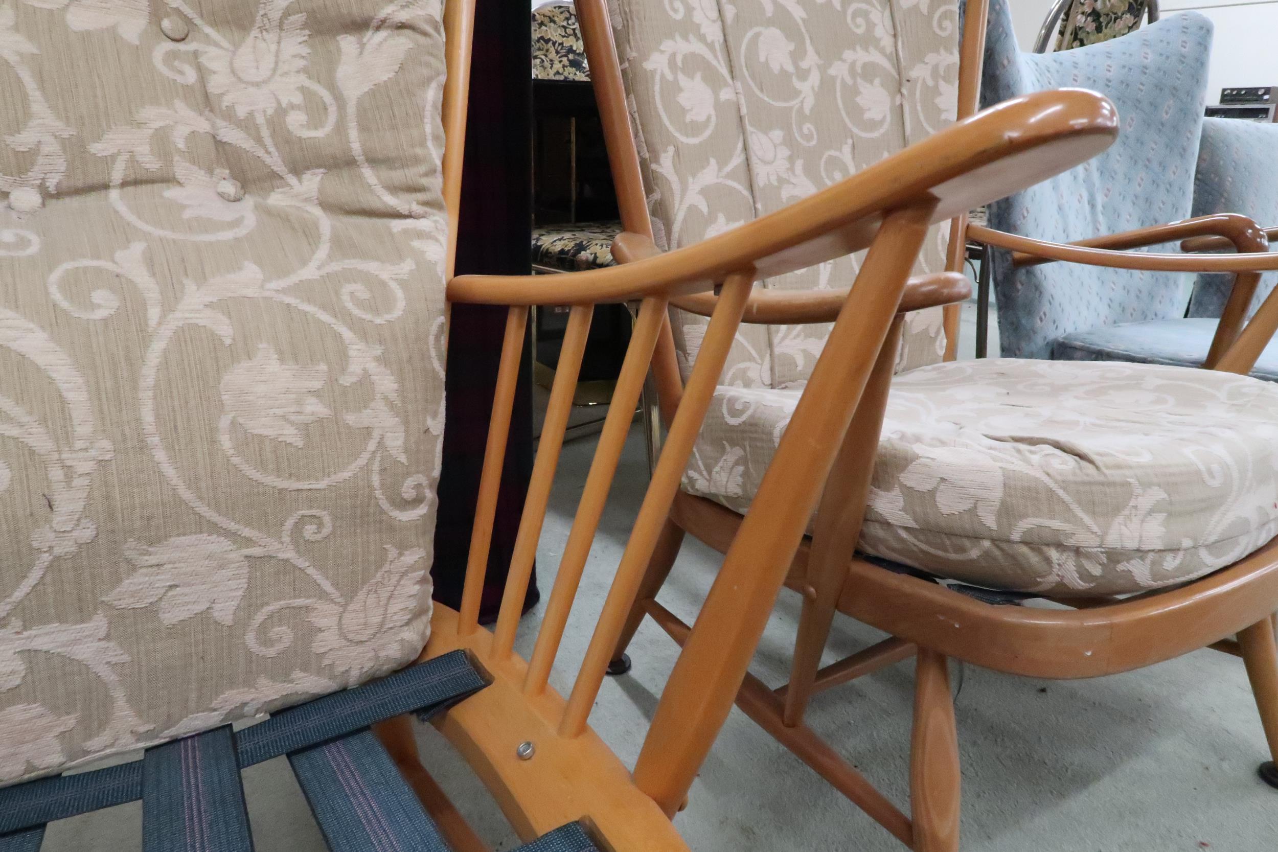 A lot of two mid 20th century Ercol elm and beech framed open armchairs, 107cm high x 75cm wide x - Image 6 of 10