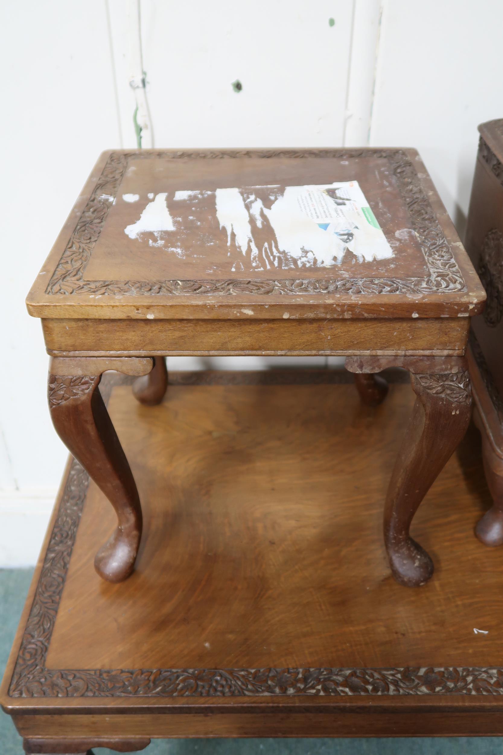 A lot comprising 20th century carved hardwood sewing box, coffee table and square top occasional - Image 3 of 6