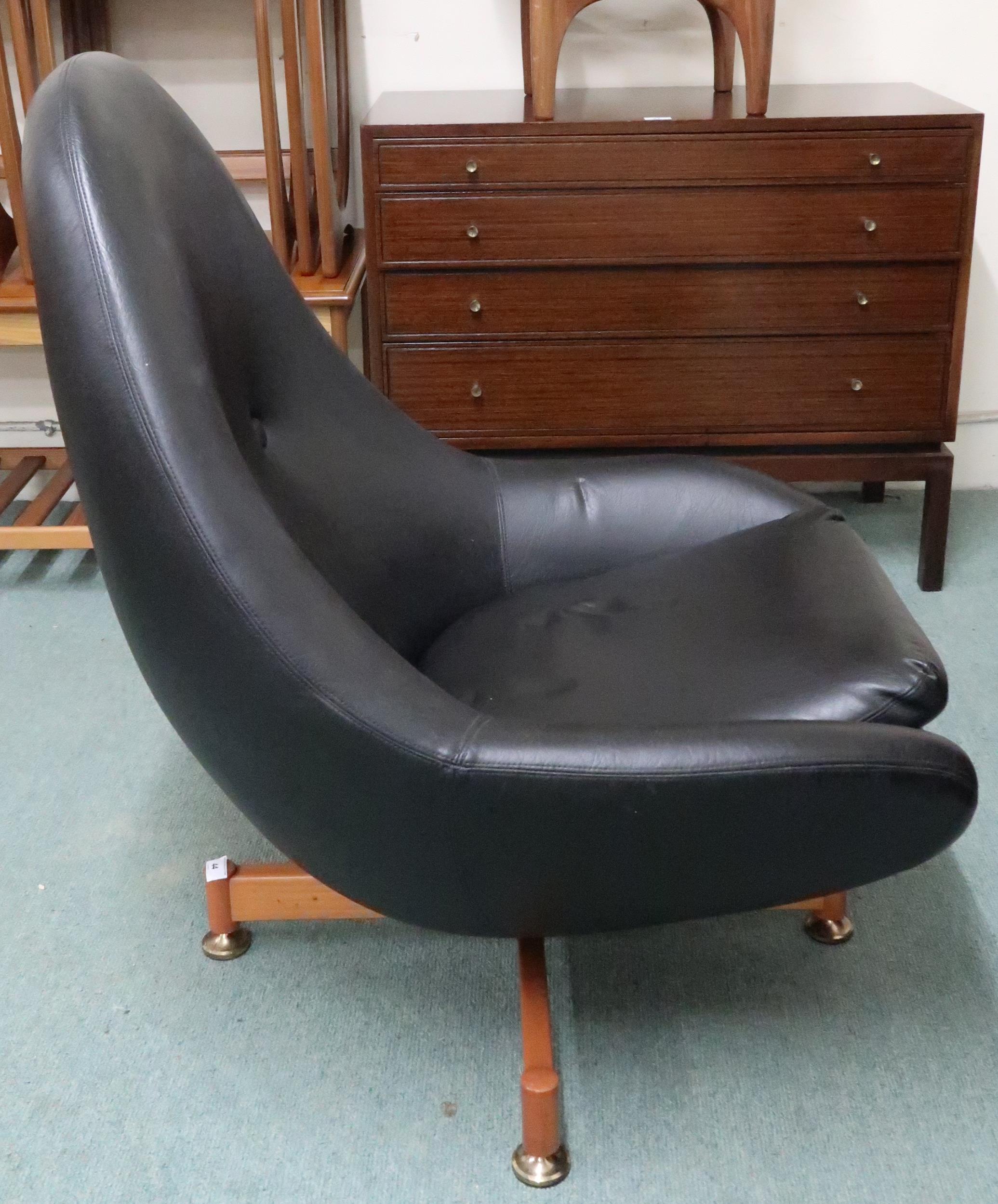 A mid 20th century Greaves and Thomas black vinyl upholstered swivel egg lounge chair on teak - Image 2 of 7