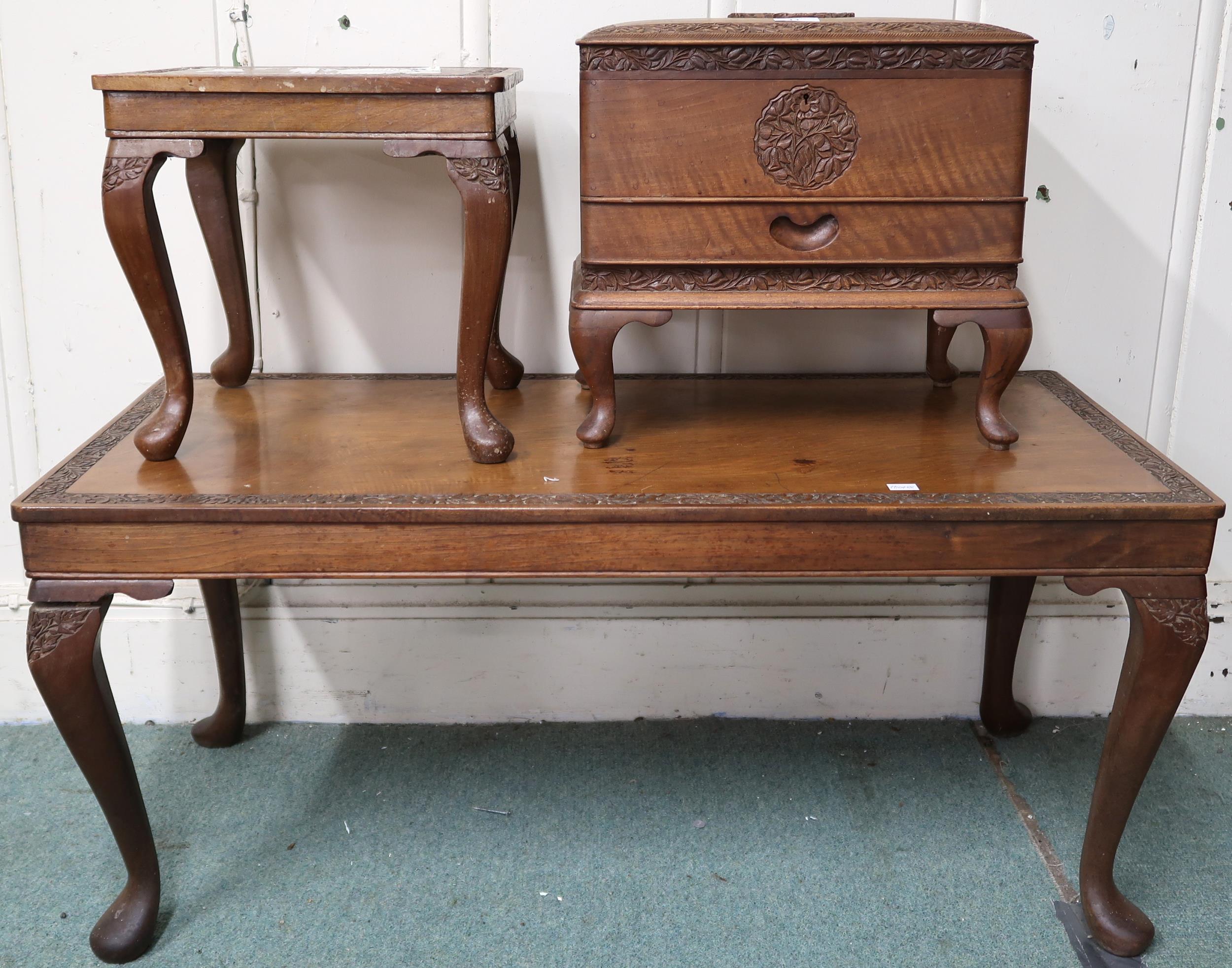 A lot comprising 20th century carved hardwood sewing box, coffee table and square top occasional