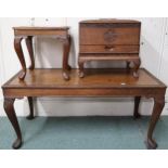 A lot comprising 20th century carved hardwood sewing box, coffee table and square top occasional