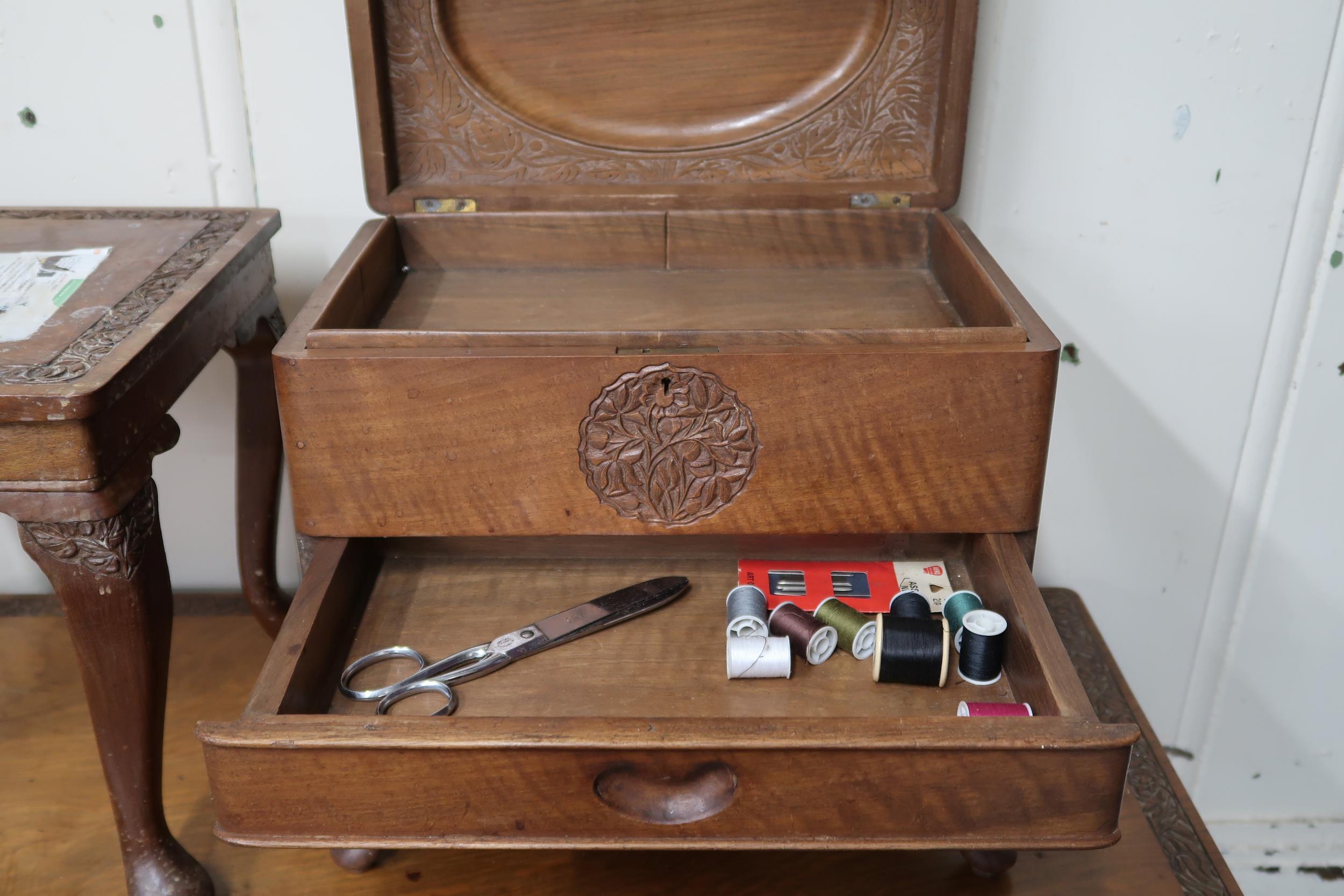 A lot comprising 20th century carved hardwood sewing box, coffee table and square top occasional - Image 5 of 6