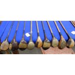 Mixed golf woods, four with hickory shafts, makers to include Douglas of Glasgow, Anderson of