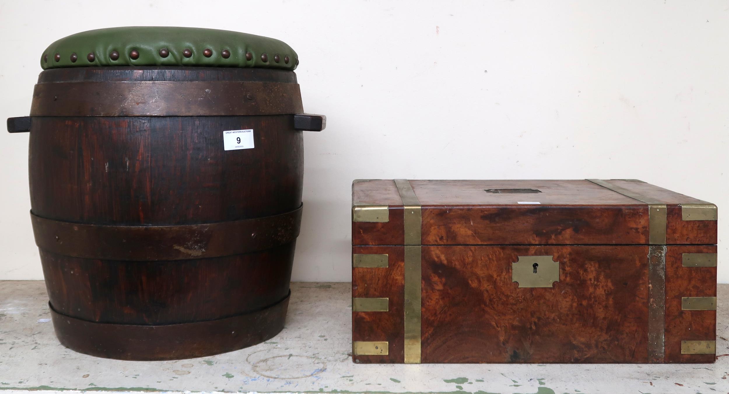 A Victorian burr walnut brass banded writing slope (def) and a coopered barrel with green vinyl