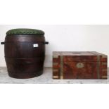 A Victorian burr walnut brass banded writing slope (def) and a coopered barrel with green vinyl