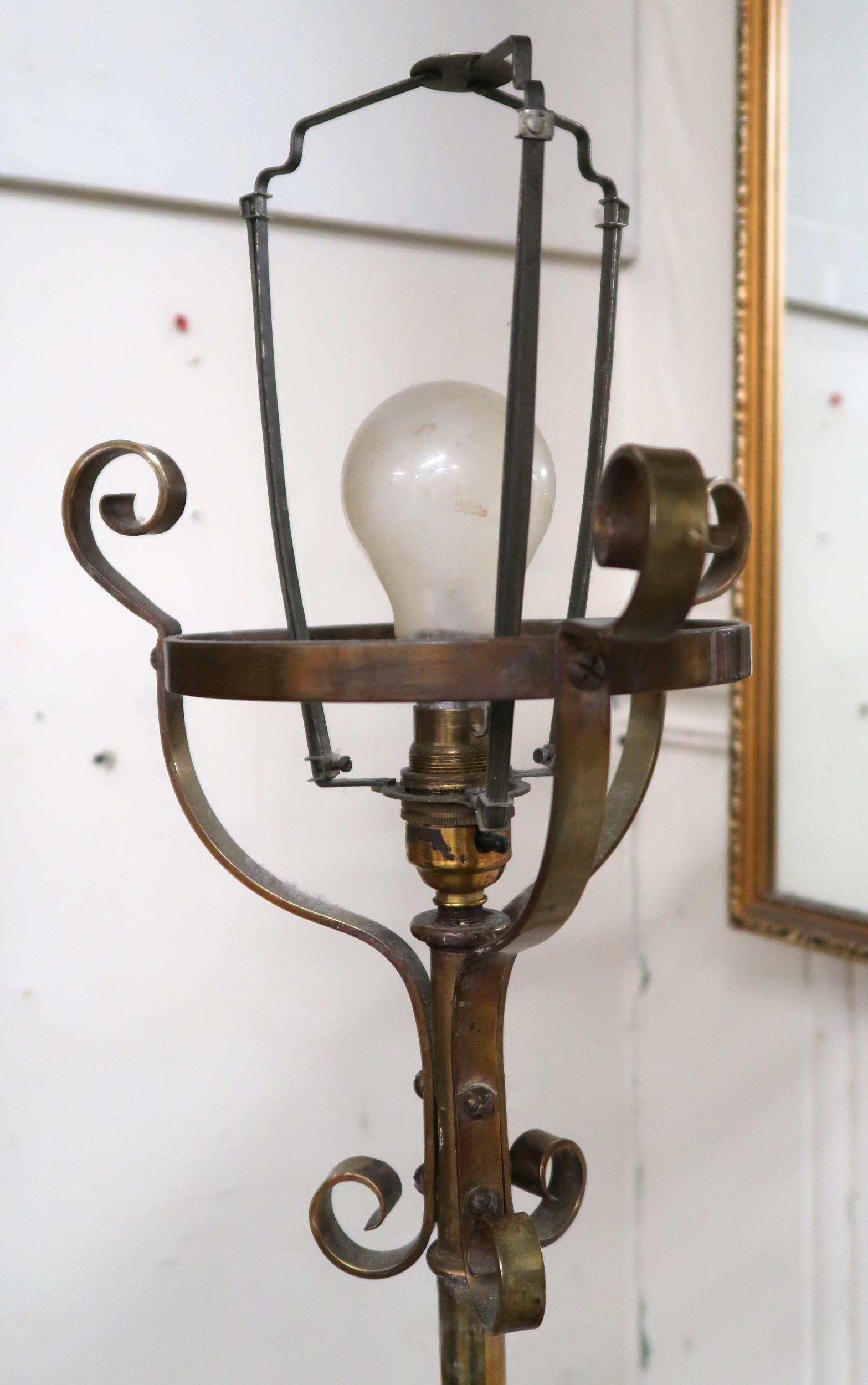 A 19th century brass adjustable standard lamp converted to electric with scroll decoration to - Image 2 of 6