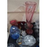 A pale blue buttle glass jar and cover, a pink glass vases and other items Condition Report:No