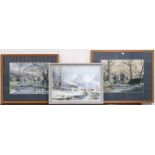 Two framed watercolours on paper by Richard Arled depicting the village Arncliffe (57 x 68cm & 53