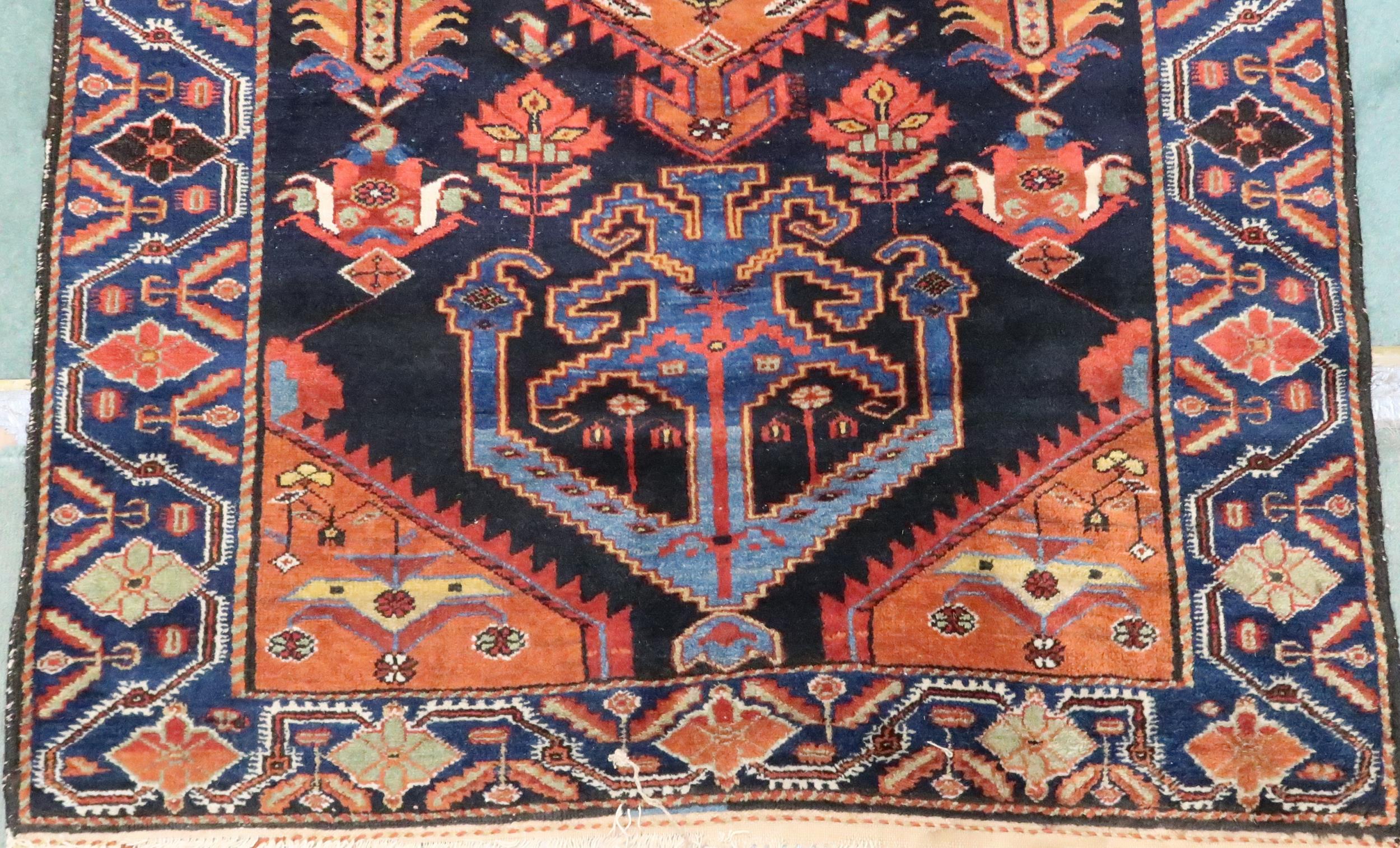 A dark blue ground Hamadan rug with terracotta geometric central medallion, matching spandrels and - Image 2 of 7