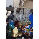 Mdina glass vase and paperweights, crystal including decanters, enamelled dishes etc Condition