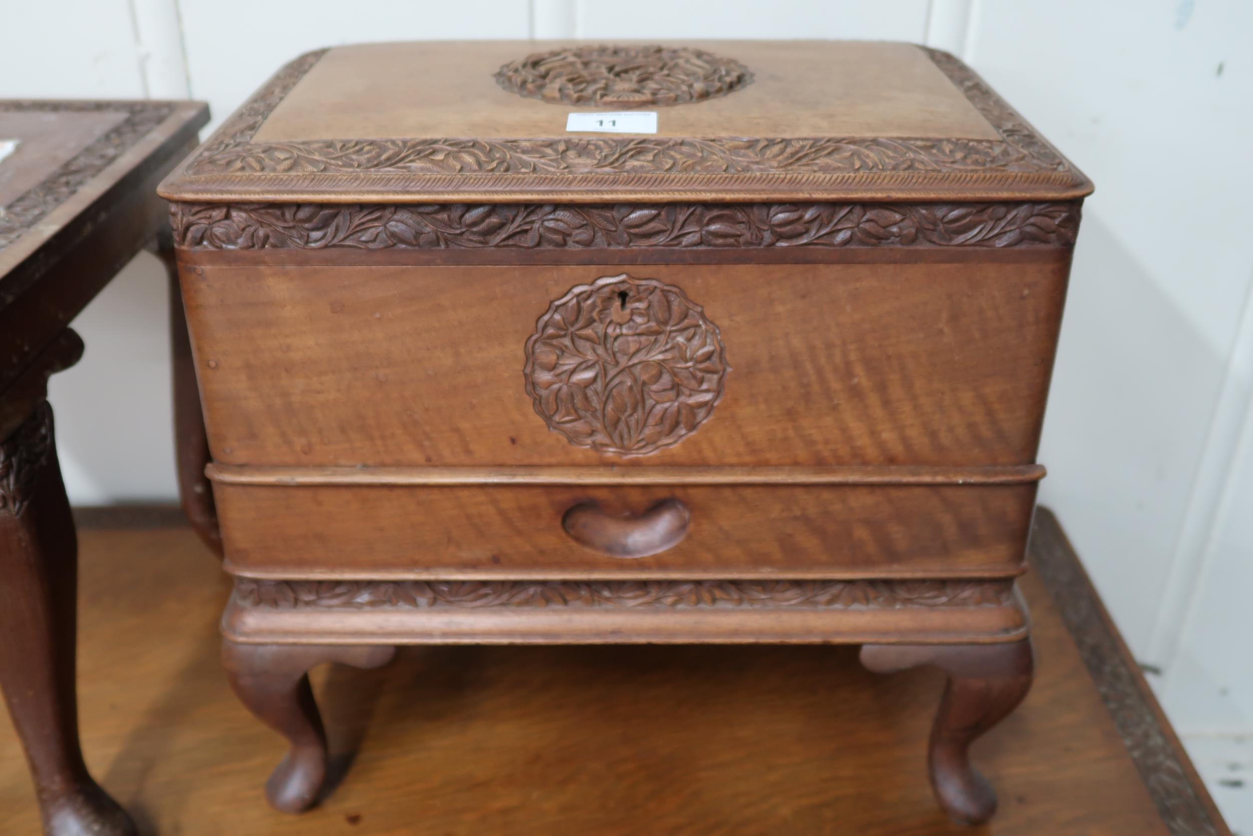 A lot comprising 20th century carved hardwood sewing box, coffee table and square top occasional - Image 4 of 6