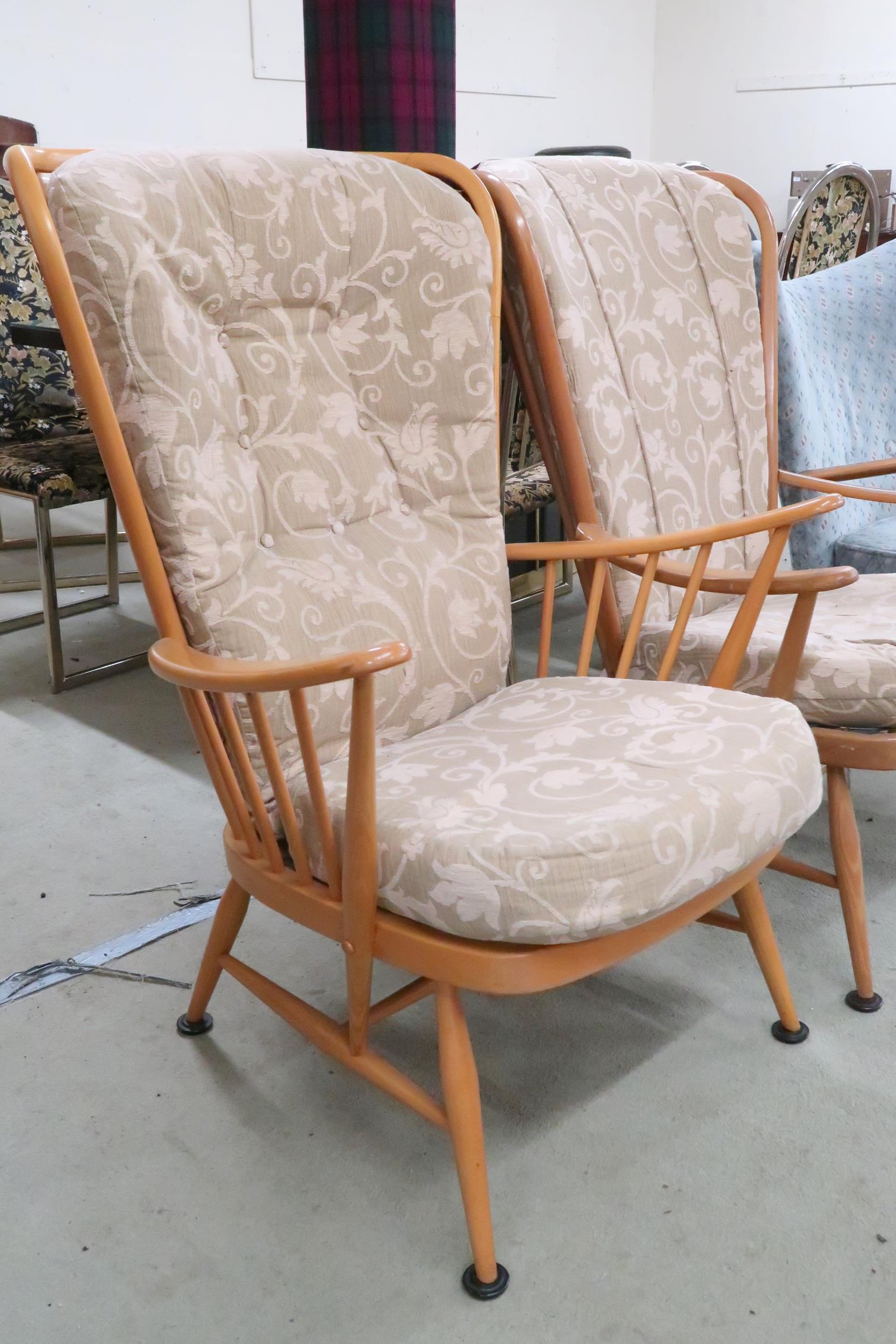 A lot of two mid 20th century Ercol elm and beech framed open armchairs, 107cm high x 75cm wide x - Image 2 of 10