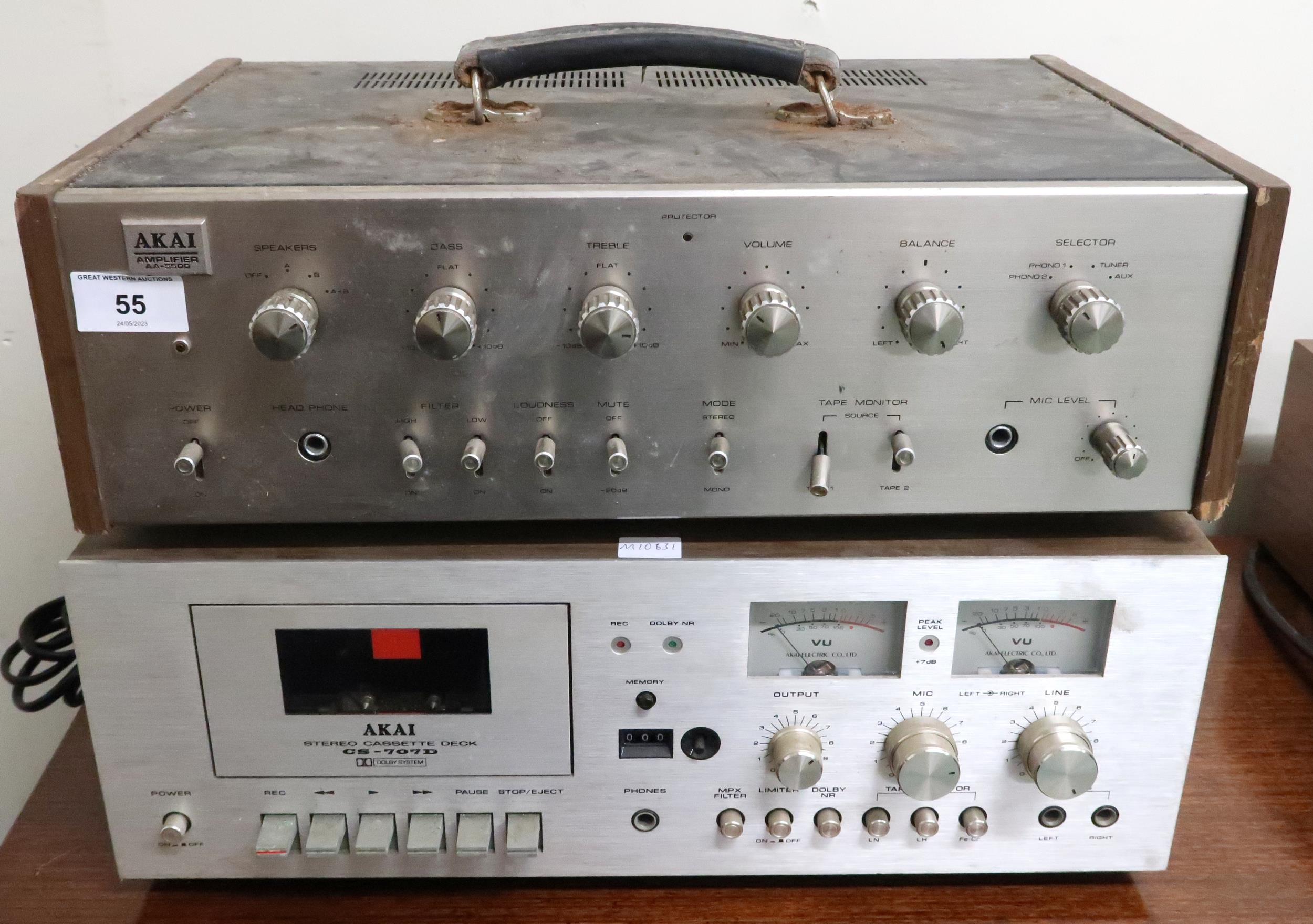 A lot comprising Akai stereo cassette desk CS-7070 and an Akai amplifier AA-5500 (2) Condition