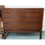 A mid 20th century stained teak Greaves and Thomas graduating chest of four drawers on square