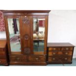 A lot comprising Victorian mahogany and walnut veneered mirror doored wardrobe, 206cm high x 158cm