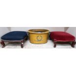 A lot of two assorted walnut framed upholstered footstools and a painted metallic planter (3)
