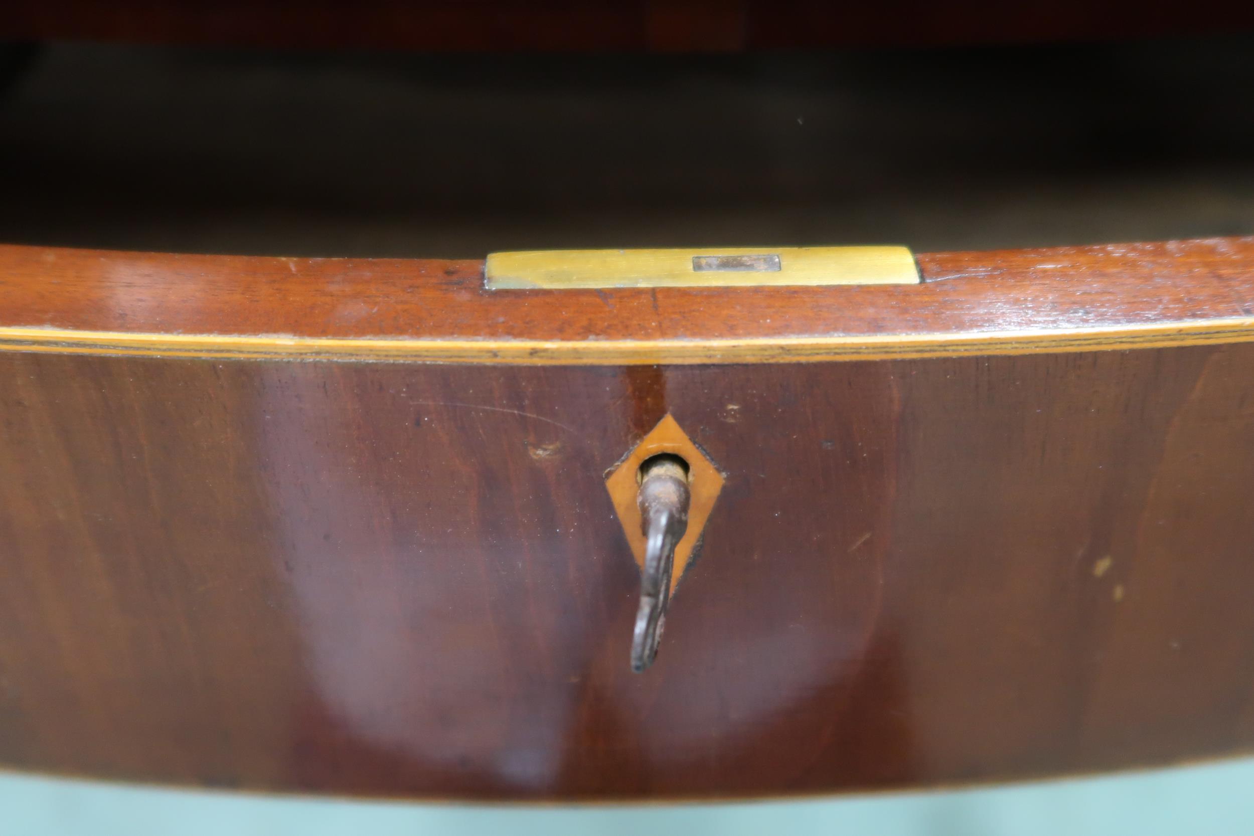 A late Victorian mahogany and satinwood inlaid demi lune table with single drawer flanked by faux - Image 2 of 5