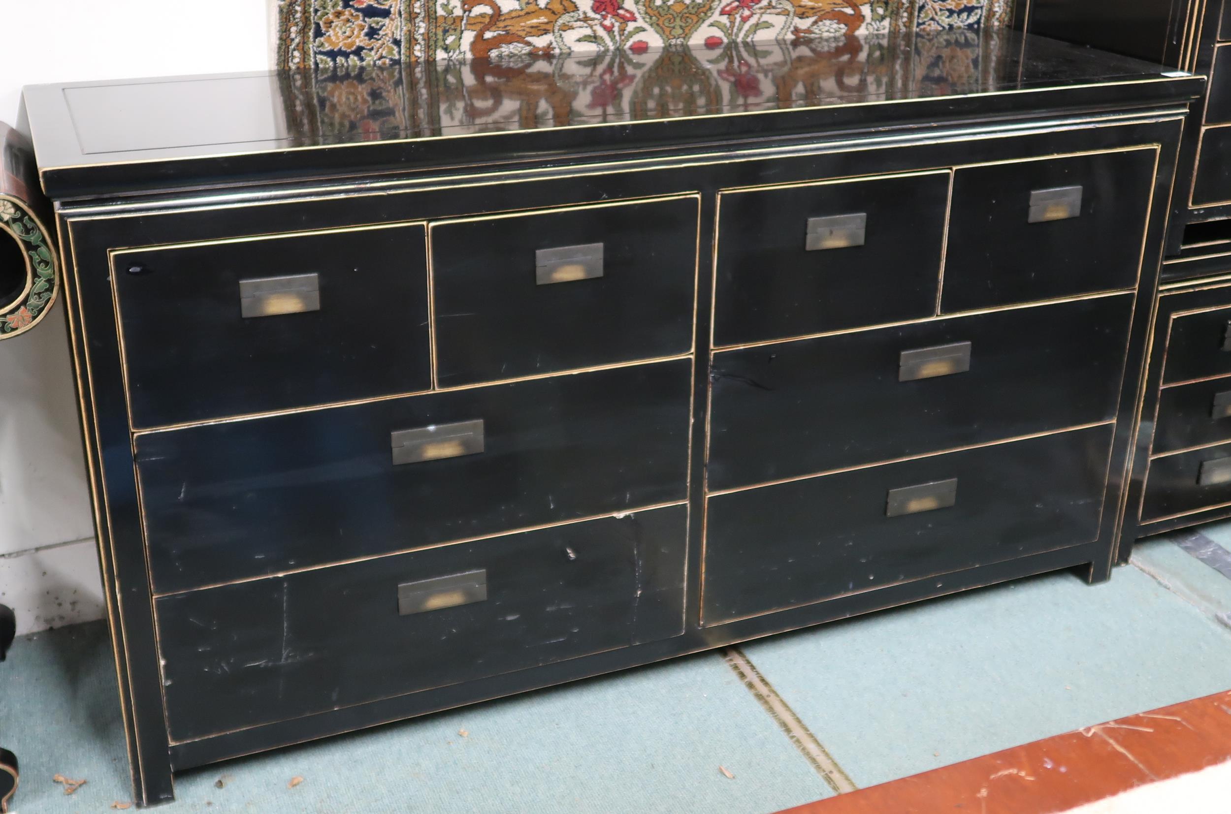 A 20th century black lacquer bank of drawers with four short over two pairs of long drawers with - Image 2 of 5