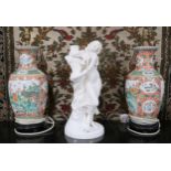 A pair of 20th century ceramic Chinese famille verte style table lamps and a ceramic figural table