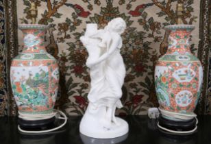 A pair of 20th century ceramic Chinese famille verte style table lamps and a ceramic figural table