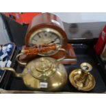 A dome top mantle clock, brass kettle and chamber stick Condition Report:No condition report
