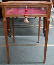 An Edwardian birds eye maple veneered bijouterie table with glazed hinged top over velvet