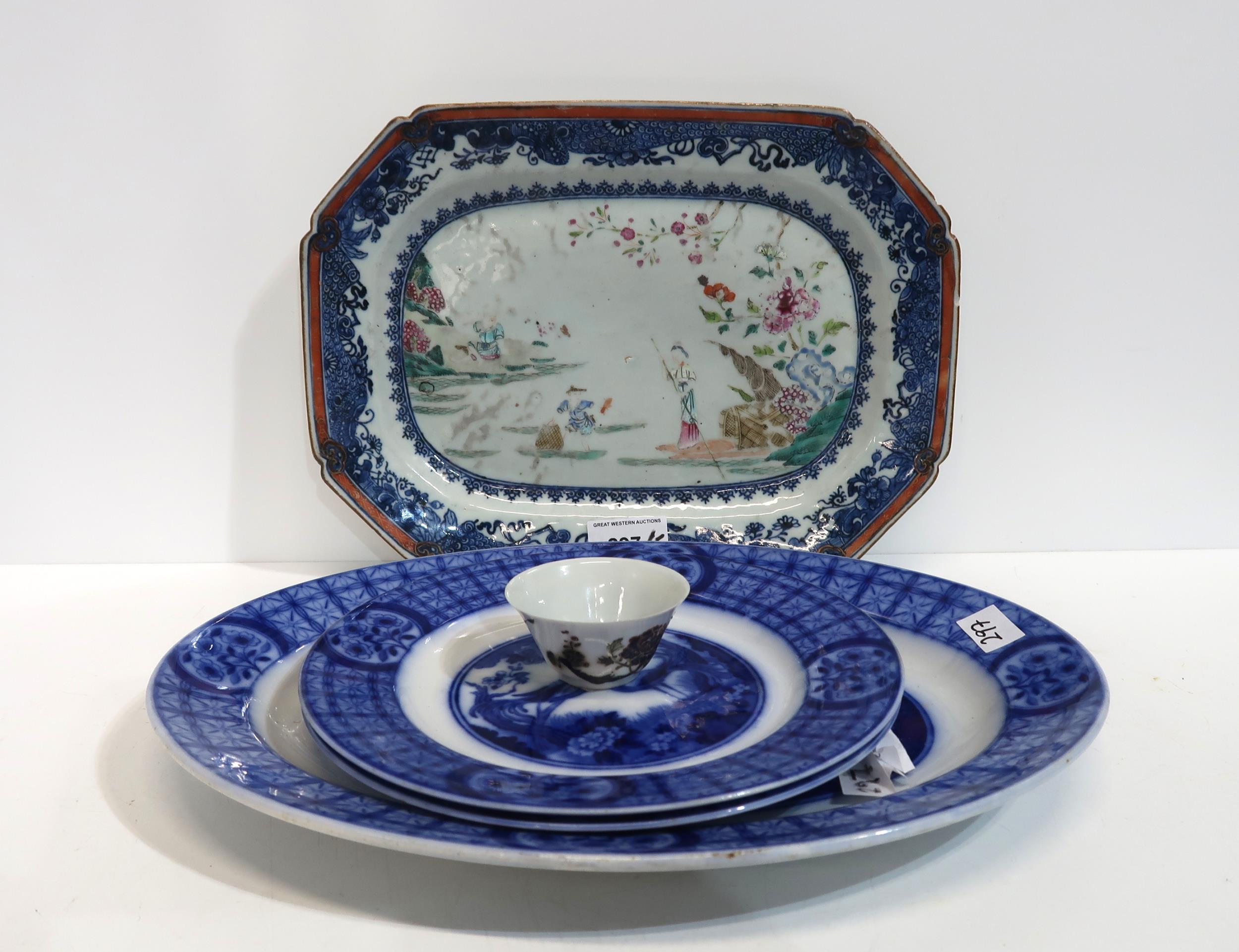 A Chinese export famille rose and underglaze blue porcelain platter, painted with figures fishing,