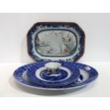 A Chinese export famille rose and underglaze blue porcelain platter, painted with figures fishing,