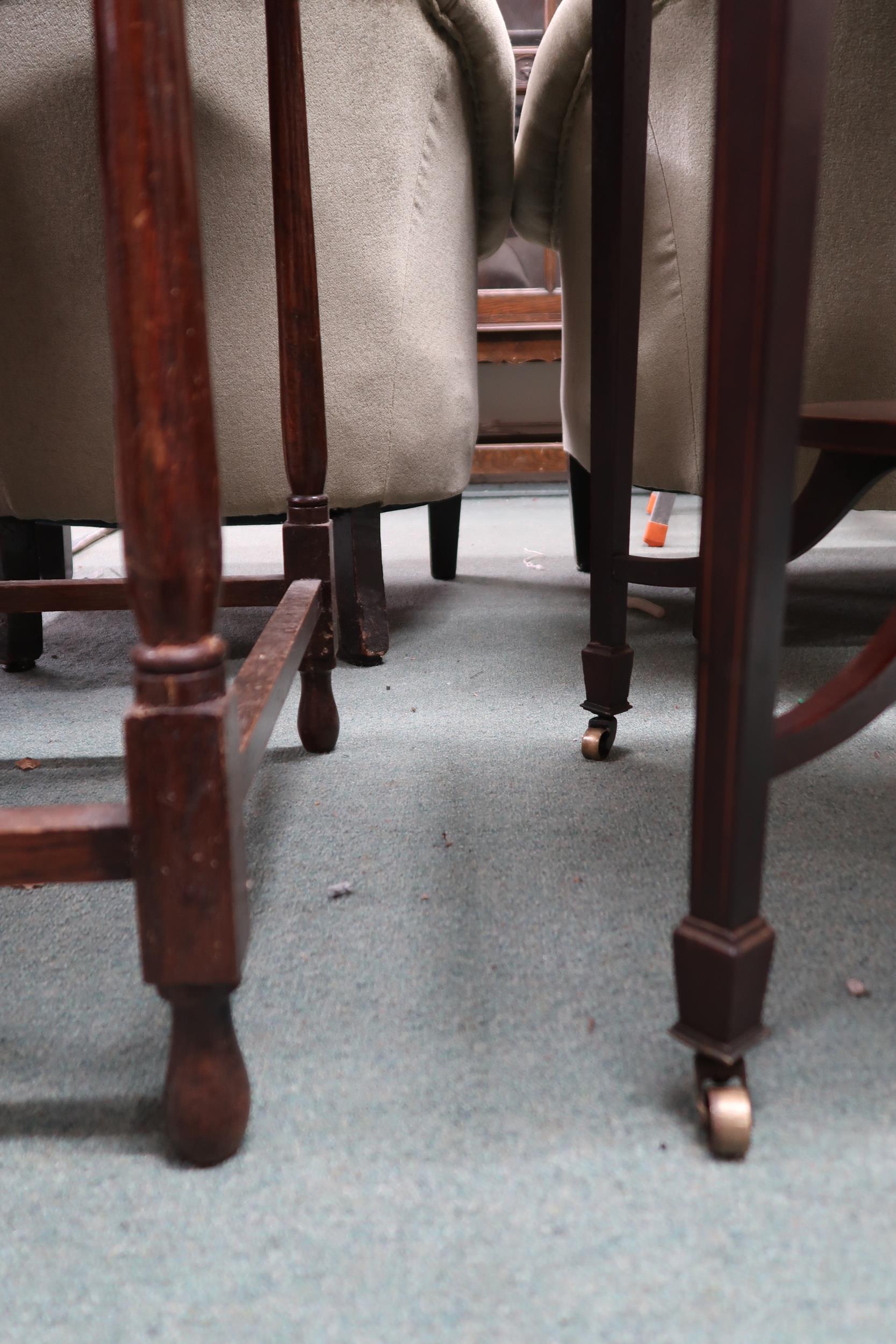 A Victorian mahogany and satinwood inlaid circular topped two tier window table and an oak - Image 3 of 5