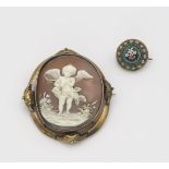 A yellow metal mounted Victorian cameo of cupid, together with  a micro mosaic brooch, weight 16.