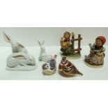A Herend model of rabbits, no 5332, another smaller, two Hummel figures, and two Royal Crown Derby