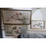 Three framed Japanese silk pictures Condition Report:No condition report available.