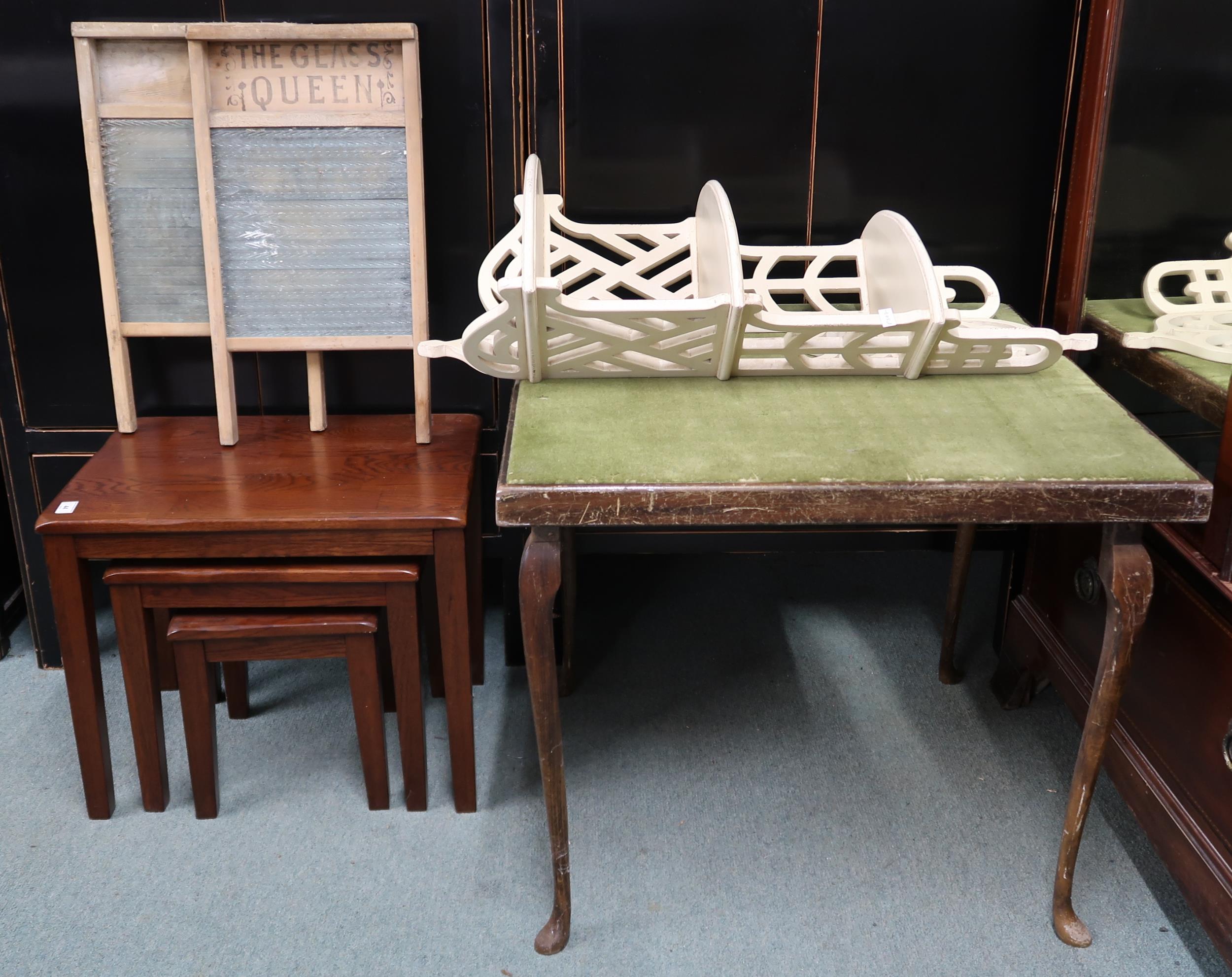 A lot comprising Victorian folding card table, three tier wall shelf, nest of three tables and two