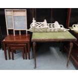A lot comprising Victorian folding card table, three tier wall shelf, nest of three tables and two
