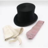 An Extra Quality London top hat (19.5cm x 16cm) together with spatterdash gaiters and a silk tie