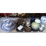 A Valerie Shelton painted bowl, a Holmegaard glass dish, a blue and white wash bowl and ewer,