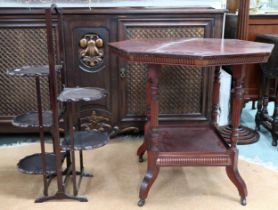 An Edwardian mahogany octagonal two tier window table, five tier folding cake stand and an