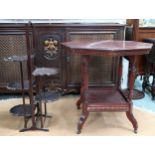 An Edwardian mahogany octagonal two tier window table, five tier folding cake stand and an