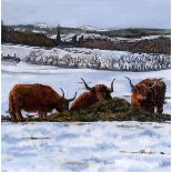 PAULINE MURRAY (SCOTTISH) HIGHLAND CATTLE AT INVERGOWRIE Oil on board, signed lower right, 17.5 x