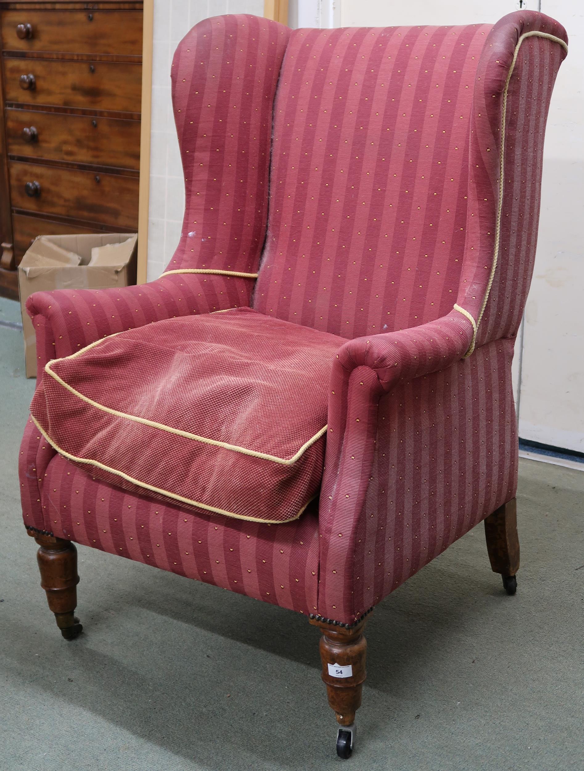 A Victorian wing back armchair with red striped upholstery on turned front supports, 110cm high x - Image 4 of 6