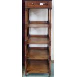 A Victorian mahogany five tier whatnot with square top with single drawer over four open shelves